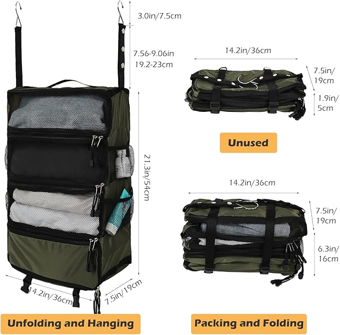 TABITORA Travel Luggage Organizer Hanging Packing Cubes Portable Hanging Shelves Carry on Closet for Suitcase with 2 Hooks,Collapsible(Darkgreen,M)