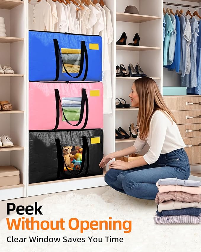 Extra Large Moving Bags, 4 Pack Heavy Duty Storage Bags Boxes Bins Totes with Hnadles Zippers Visible Window for Clothes College Dorm Travel, Clear