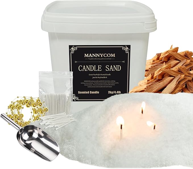 4lb Snowy Sandalwood Haze Scented Pearled Candl-MANNYCOM Long Lasting Burning Powder Wax-Refillable Sand Wax with 120 Wicks & Stirring Spoon Ice Scoop for Candles Making Kits