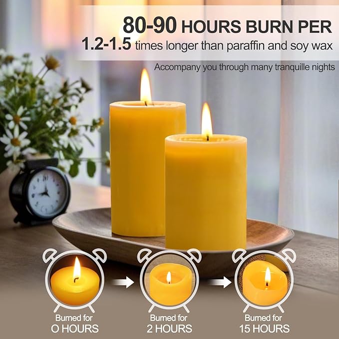 Beeswax Pillar Candles, 2 Pack Natural Pure Bees Wax Candles for Home, Mothers Day Gifts, 180 Hours Long Burning Emergency Candle, Large 3"x5" Unscented Candles for Wedding Christmas Valentines Day