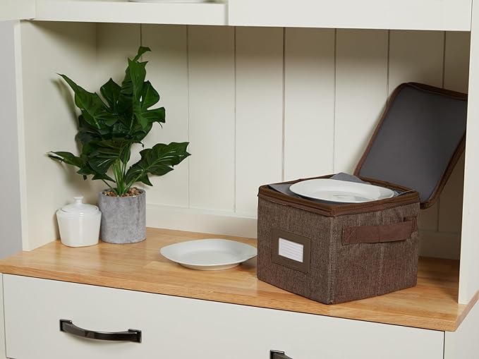 Covermates Dish Storage Box – China & Dinner Plate Storage Container with Dual Zippers, Reinforced Handles, ID Window & Stackable Structured Walls for Dishware Organization, Brown Heather