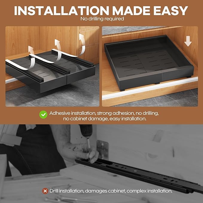 2 Pack Expandable Pull Out Cabinet Organizer 16.5"Deep With Raising Pad for Framed Cabinets,Upgrade 3 Slide Rails Slide Out Drawers,No Drill Roll Out Shelves,Adjustable Width 12.2"-20.4"Black