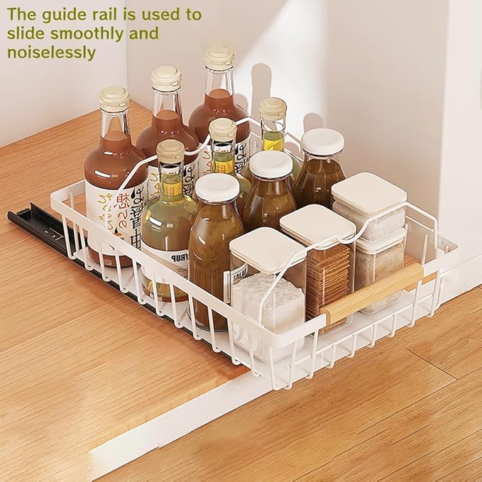 2 Pack No Drill Pull Out Cabinet Organizer, Premium Carbon Steel Slide-Out Drawer with strong nano adhesive, Under Cabinet Storage Shelf for Kitchen, Pantry, Bathroom, White