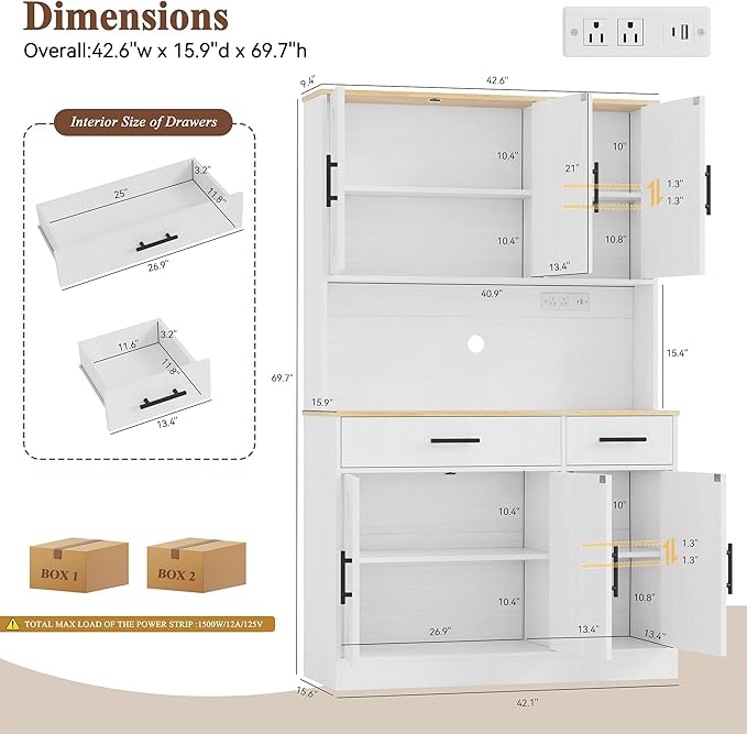 Vongrasig Farmhouse Pantry Cabinet with Charging Station, Tall Kitchen Pantry with Microwave Stand, Storage Drawers & Shelves, Large Kitchen Hutch for Living Room, Dining Room, White