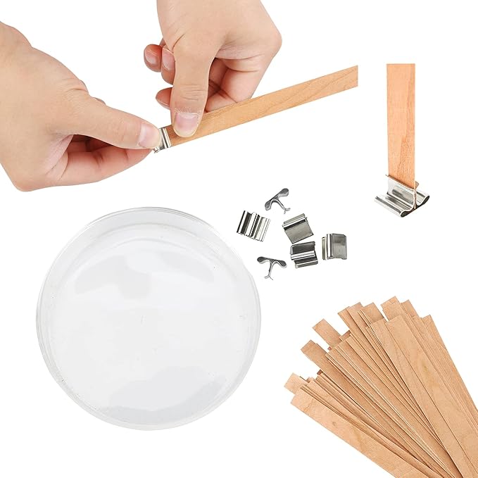 NOOR Crackling Wooden Wicks for Candles - Pack of 50 Pcs 5.1 x 0.5 inch Wood Wicks with Metal Sustainers, EVA Stickers and Warning Labels - Eco-Friendly Wooden Candle Wick