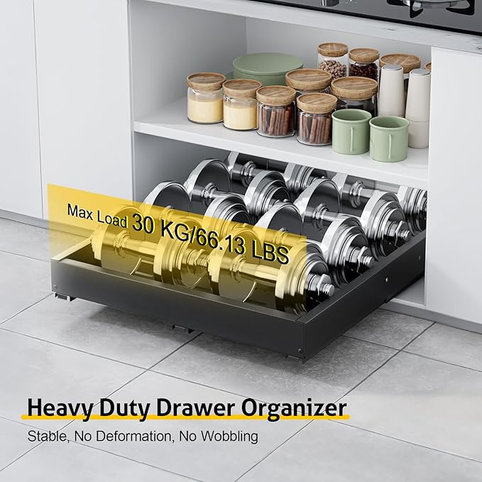 Upgrade Pull Out Cabinet Organizer, Expandable Width (11.4"-18.9") Depth (16.3"-21.7") Pull out Drawers for Cabinets with 3 Rails, No Drill Adhesive Film or Nail Slide out Drawers for Kitchen, Pantry