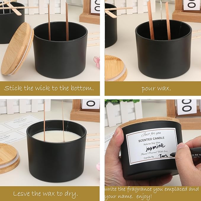 MILIVIXAY 6 Pack 16 oz Candle Jars with Bamboo Lids and Candle Making Kits - 3 Wick Candle Jar,Bulk Empty Matte Black Thick Glass Jars for Making Large Candles - Spice, Powder Containers.