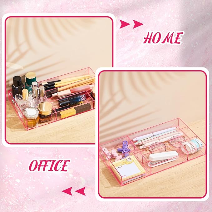 Briwooody Translucent Pink Acrylic Desk Drawer Organizer 11 x 6.1 x 1.38 Inch Storage Tray Organizer for Pens, Stationery, Desktop, Office, Bathroom, Kitchen, Makeup Supplies (6 Compartments)