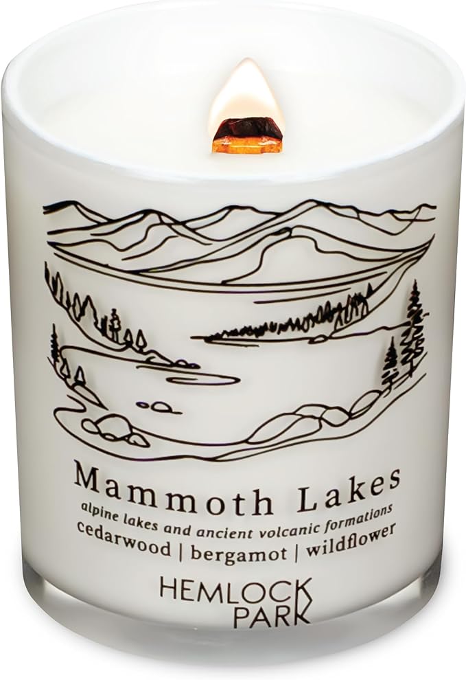 Hemlock Park Travel Inspired Passport Crackling Wood Wick Candle Handcrafted with Natural Plant-Based Coconut Wax (Standard 7.2 oz, Mammoth Lakes | Cedarwood, Bergamot, Wildflower)