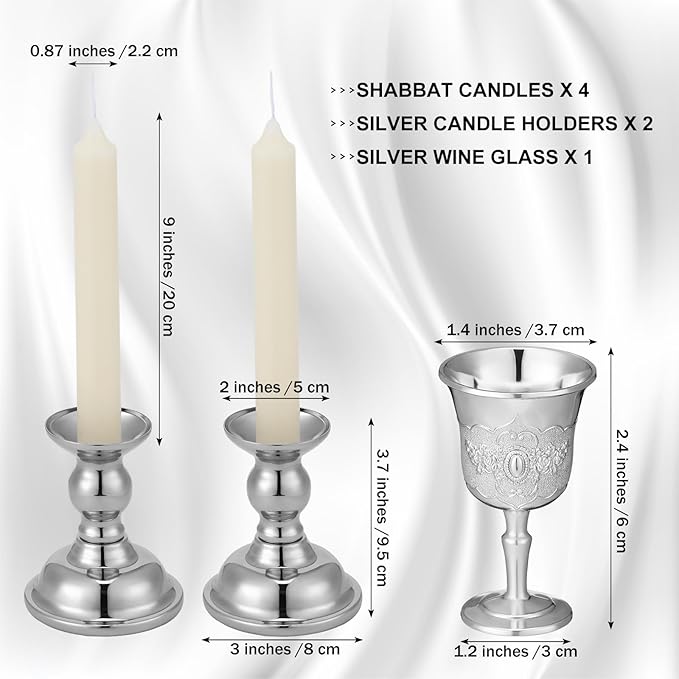 Modern Shabbat Havdalah Set White Satin Challah Cover Silver Candle Holders Silver Wine Cup White Taper Candles for Shabbat, Holiday and Havdalah Gifts