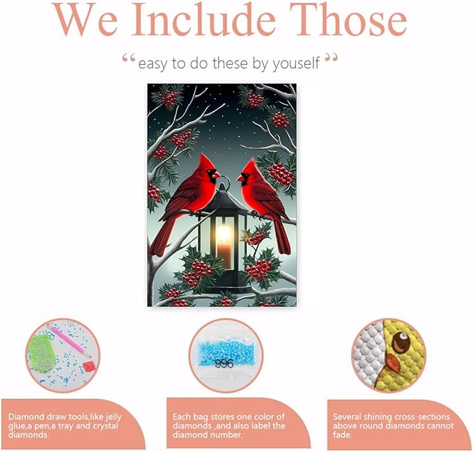 GUAIEUW Candle Flame Red Bird Diamond Painting Kit for Adults, Full Round Diamond Cardinal Bird 5D Diamond Painting DIY Art Crafts for Winter Home Wall Decor Holiday Gift 16x20 Inch