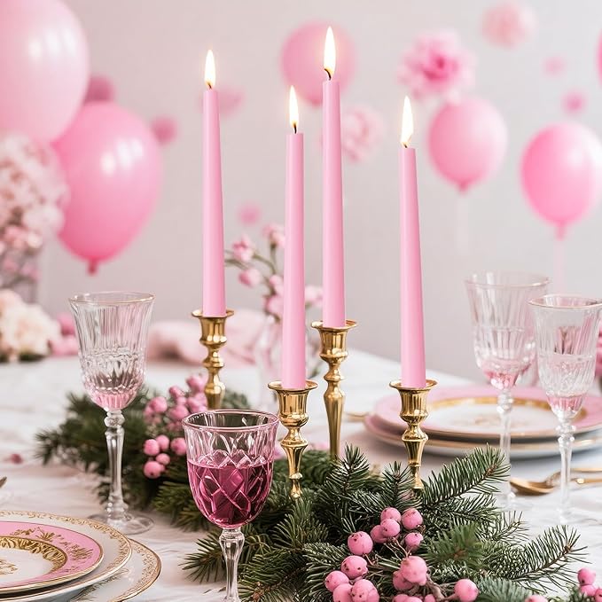 KONNI 0.87×10 Inch Pink Taper Candles, Unscented and Smokeless Tall Candlesticks, 10 Pack Tapered Candles with Cotton Wicks, Long Burning, Ideal for Weddings, Dinner Parties, and Home Décor