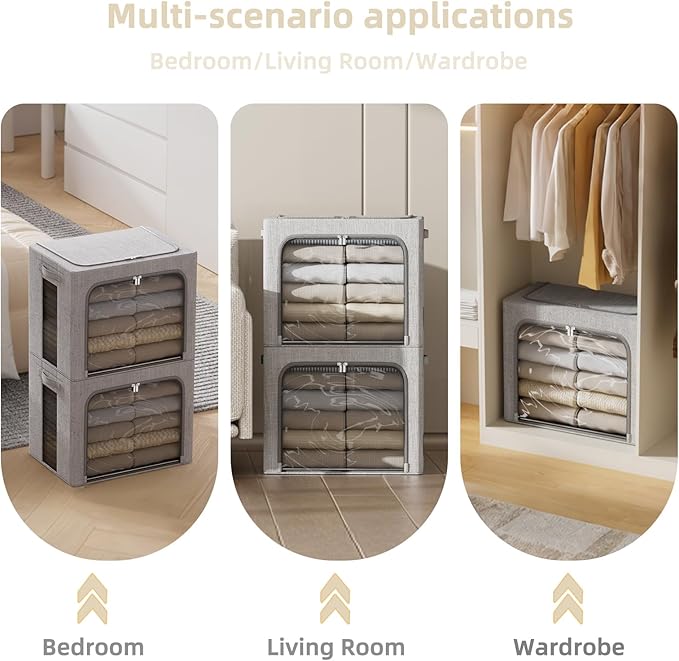 FHSQX 2 Pack Clear Window Storage Bins - Large Stackable Linen Fabric Storage for Clothes Foldable Container Organizer Set with Carrying Handles (Light Gray, 16.5x 12.2x 12.2Inch)