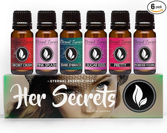 Eternal Essence Oils Her Secrets Set of 6 Premium Fragrance Oils - Includes Pretty, Dark Embrace, Forever Yours, Secret Crush, Pink Splash, and Sugar Kiss Scents Scented Oils - 10ML