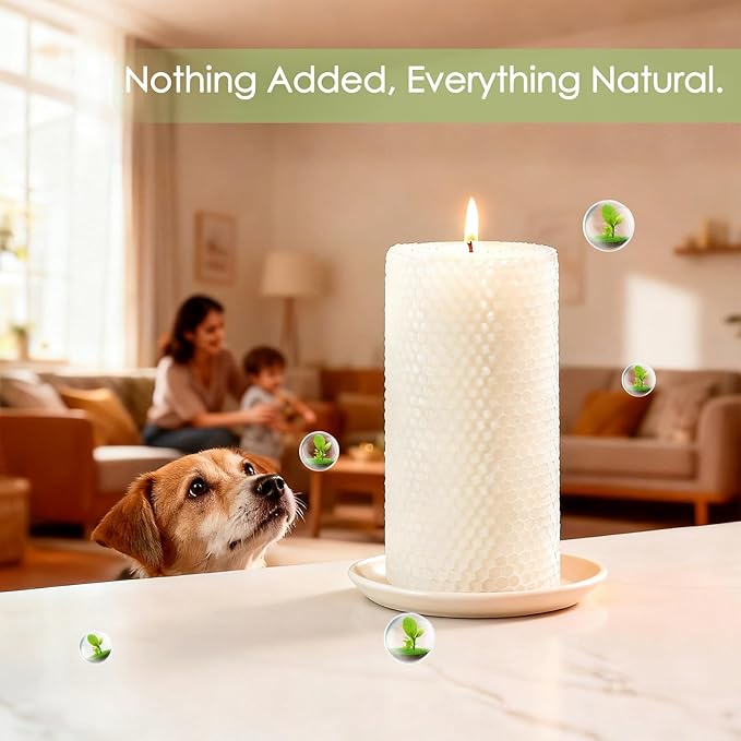 4 Packs 3x6 Inch White Beeswax Candles, Large Honeycomb Beeswax Pillar Candles, 45 Hours Burn Time, Natural Pure Bees Wax Candle Gift for Home Decor, Candle Lovers, Air Purify
