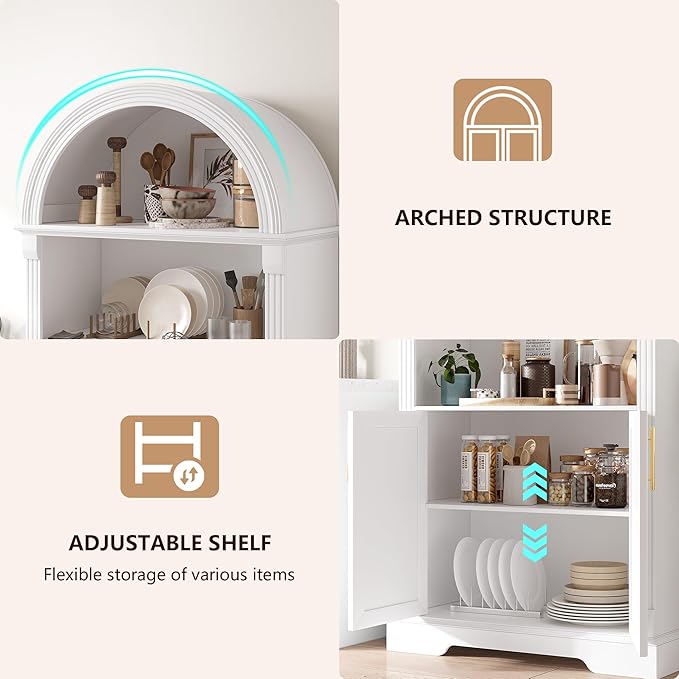 Vlsrka 71" Tall Arched Kitchen Pantry Cabinets, Wood Kitchen Storage Cabinets/Arched Bookshelf/Bookcase,China Cabinet with Open & Adjustable Shelves, Induction LED Light (White 2 PCS)