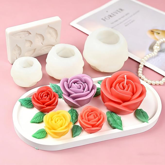 Rose Candle Molds, 4 Pcs Set of Large + Medium + Small 3D Rose Flower Silicone Molds with Leaf Mold for Candle Making, Epoxy Resin Casting, Handmade Soap Clay Plaster Home Décor Mom Gift