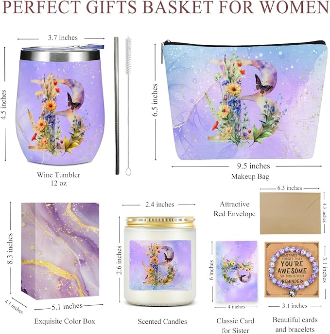 Personalized Gifts Monogrammed Birthday Gifts for Women, Sister Cowerker Mom Boss Day Christmas Appreciation Initial Wine Tumbler Makeup Bag Scented Candle Bracelet Set, (Aesthetic Purple Flower B)