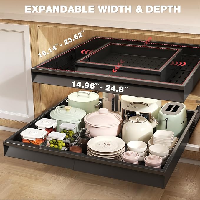 2 Pack Pull Out Cabinet Organizer With Raising Pad for Framed Cabinets,Expandable Width (15"-25") and Depth (17"-24"),3 Slide Rails Slide Out Drawers with Handle,No-Drill Roll Out Shelf,Black