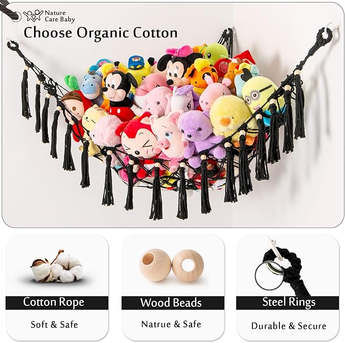 YKBU Stuffed Animal Toy Hammock Hanging- Macrame Toy Hammock with Tassels-Stuff Animals Organizer Storage Boho Large Corner Plush Toys Net Holder for Nursery, Play Room, Kids Bedroom (Black)
