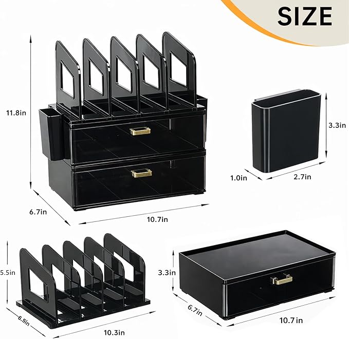 CiWiVOKi Desk Organizer with 4 File Holder Slots, 2 Clear Drawers & Dual Pen Holders, Multi-Functional Office Supplies Desktop Storage for Home Office, Space-Saving Mail Sorter & Caddy, Black