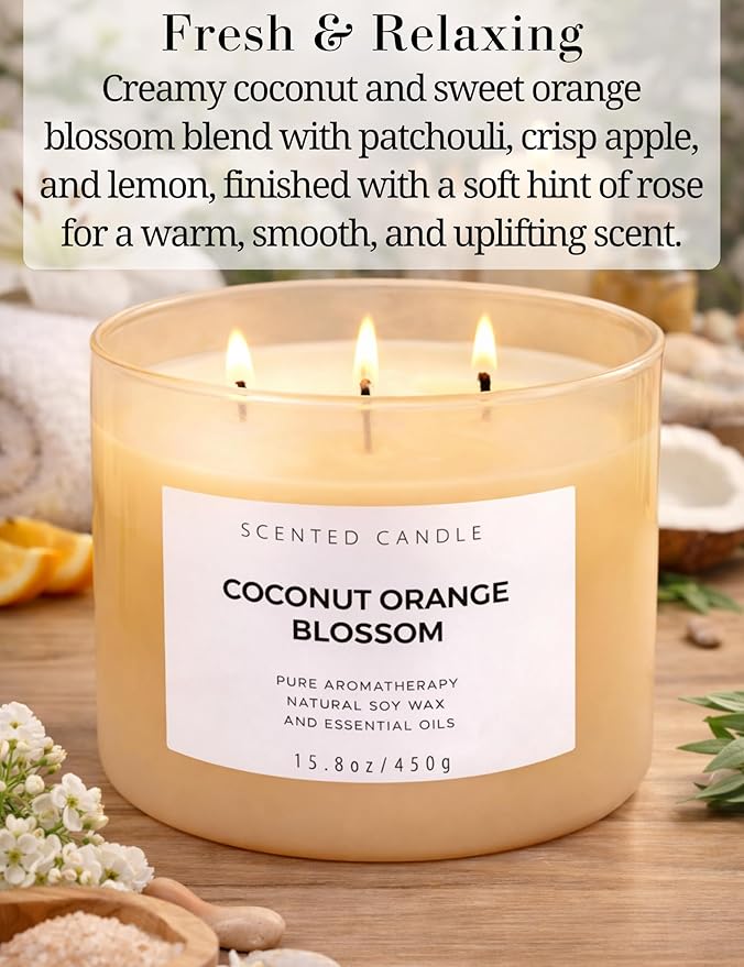 Coconut Orange Blossom Scented Candle - Large 3-Wick Aromatherapy Soy Candle, 15.8 oz - Highly Scented, Clean Burning, Long Lasting Home Fragrance Gift for Women & Men
