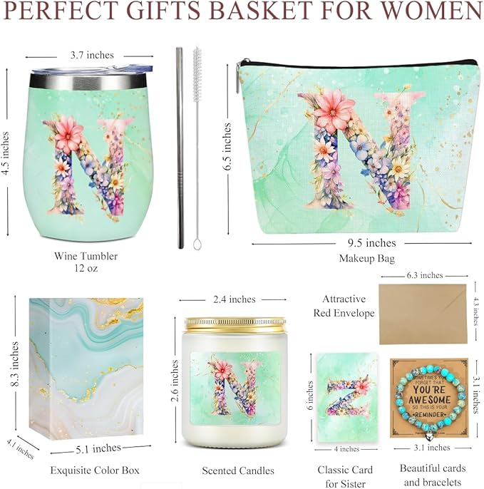 Personalized Gifts Monogrammed Birthday Gifts for Women, Colleague, Leader Mentor Female Farewell Christmas, Initial Wine Tumbler Makeup Bag Scented Candle Bracelet Set, (Aesthetic Green Flower N)