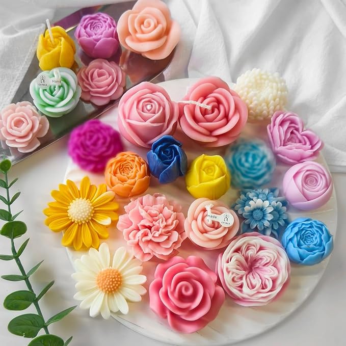 9Pcs Rose Flower Tulip Peony Heart Candle Soap Wax Mold Valentine Day Silicone for Small Butter Candles Chocolate Making Molds Silicones Shapes Moldes De Rosas Silicona para Velas