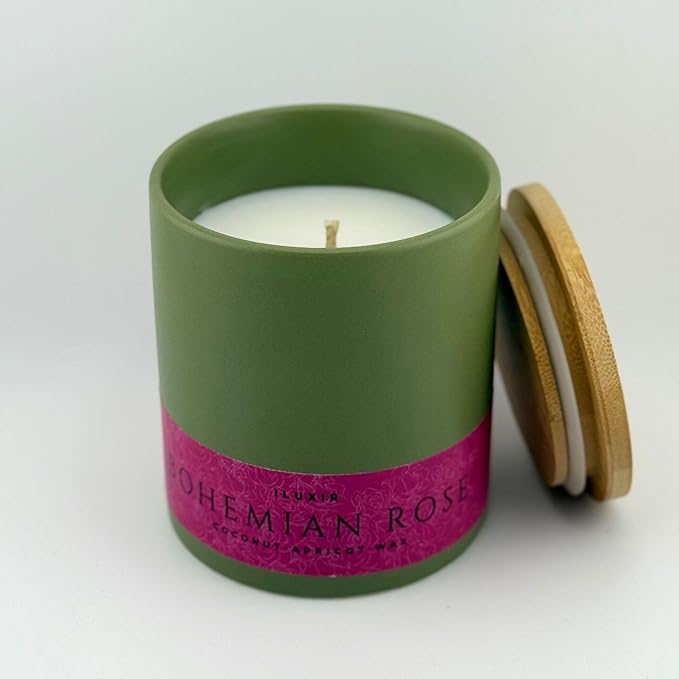 Bohemian Rose Scented Candle - Fresh Rose Magnolia Patchouli - Natural Coconut Wax - Long-Lasting Eco-Friendly Non-Toxic Aroma for Home Office Relaxation Gifting Décor (13 oz. with Bamboo Lid)