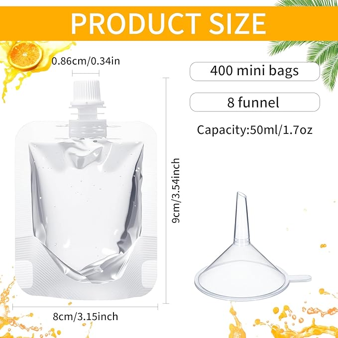 400 Pcs Plastic Pouches Bulk Clear Juice Bags Squeeze Pouches Plastic Leak Proof Bags with Funnel for Party Favors (1.7 oz)