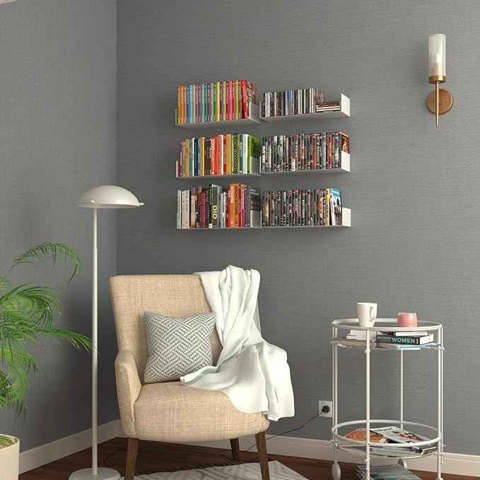 Wallniture Bali White U Shape Floating Shelves for Wall, CD DVD Storage Shelves and Metal Bookshelf Set of 6