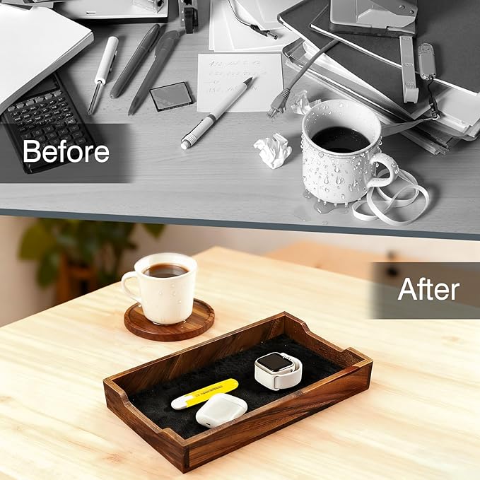 Walnut Desk Tray with Cup Coaster Set, Natural Wooden felt lined Desk Drawer Organizer for Keys, Pen, Watch, Home Office Desktop Accessories