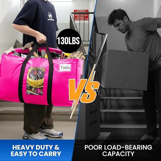 TAILI 4 Pack Pink Extra Large Moving Bags, Heavy Duty Totes with Visible Window, Wrap Around Handles, Great for Storage, Space-Saving