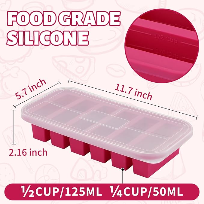 SHIKORI Silicone Freezer Tray With Lid, Silicone Freezer Food Molds, Large Ice Cube Tray, Silicone Freezer Container,Freeze & Store Soup, Sauce, Broth,Leftovers (Red-6 Cups)