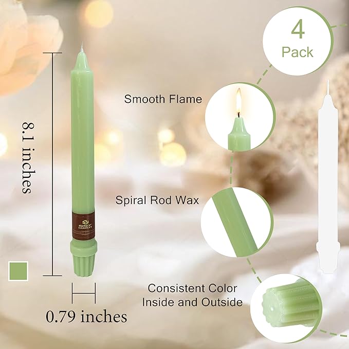 Green Taper Candle 8 Inch Long Candlesticks Unscented Dripless Tapered Candle Set for Home Decor Wedding Party Dinner Candles, 4 Pack