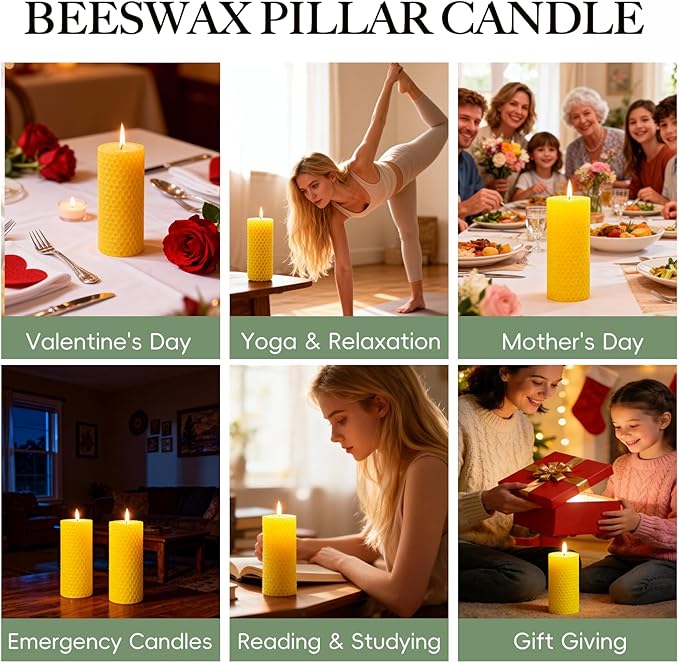 2 Pack Beeswax Pillar Candles, Pure Natural Beeswax Candles, Unscented Bees Wax Candle for Home,Prayer,Dripless Smokeless Organic Pillar Candle (Yellow, 2x5in-2pack)