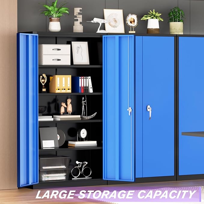 Superday Metal Storage Cabinets, 72" Storage Cabinet with Locking Door, Tall Garage Cabinet with 2 Doors and 4 Adjustable Shelves for Home Office, Classroom, Easy Assemble(Black Blue)