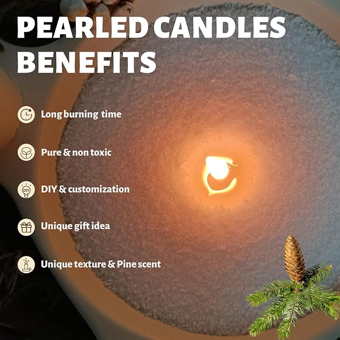Pine Branches Scented White Pearled Candle 18oz Luxury Sand Candle Granulated Wax - 30 Cotton Wicks – Wax for Candle Making Decorative Candles Smooth and Clean Burning Lasts up to 120 Hours