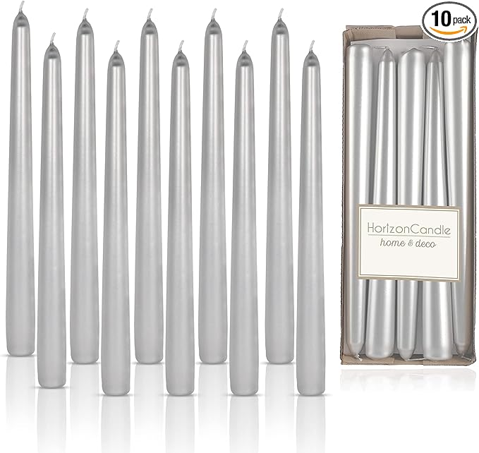Horizon Unscented 10-Piece Taper Candle Set – 9 Hours Burning Time Smokeless & Dripless Candles for Centerpieces at Wedding, Holiday Dinners, Festive Parties and Home Decor - Metallic Silver