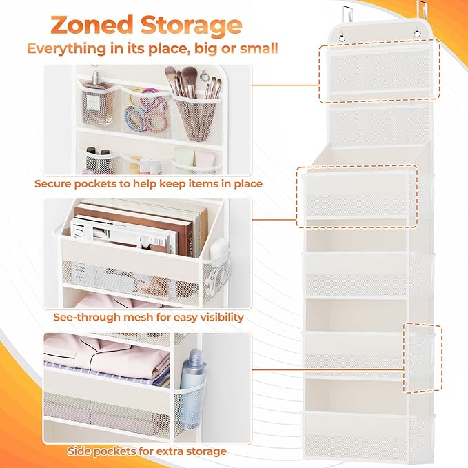 6-Tier Over the Door Organizer with Mesh Pockets, Baby Nursery Storage for Closet, Bathroom and Bedroom, Adjustable Hanging Closet Organizer for Cosmetics, Books and Essentials (Beige)