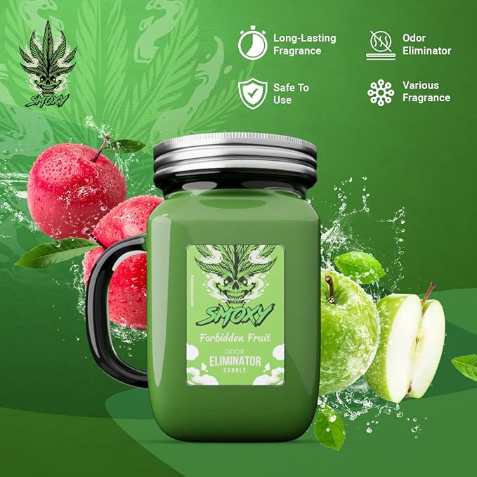 Smoxy Smoke Odor Eliminator Candle - Scented Candle for Home - Indoor Space Deodorizer & Air Freshener with Fragrance Pet Smell - Natural Palm Wax - Glass Mason Jar, 13oz. (Forbidden Fruit)