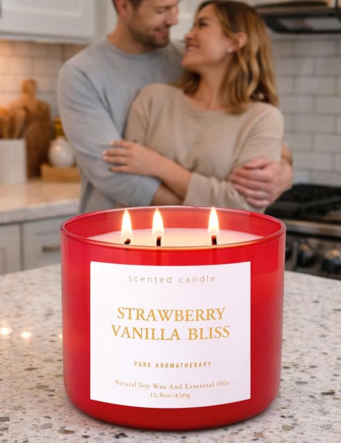 Strawberry Vanilla Bliss 3-Wick Soy Scented Candle 15.8 oz | Large Berry Vanilla Candle for Home | Relaxing Aromatherapy Stress Relief Candle | Long-Lasting, Clean Burning Candles Gift for Women & Men