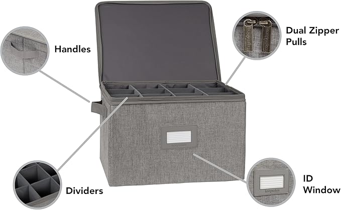 Covermates Cup and Mug Storage Box with Dividers, Stackable Organizer for Coffee Mugs & China Cups, Heavy-Duty Polyester with Handles, Zipper Closure & ID Window, Grey Heather