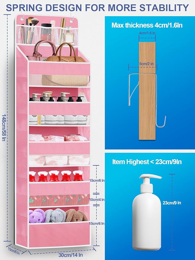 Over the Door Organizers Storage - 5 Shelf Hanging Storage shelves Door Organizer with Pockets, Anti Tilt 44 lb Load Behind Door Organizer for Bedroom,Nursery,Bathroom,Kitchen,Dorm,Shoe - 1 Pack, Pink