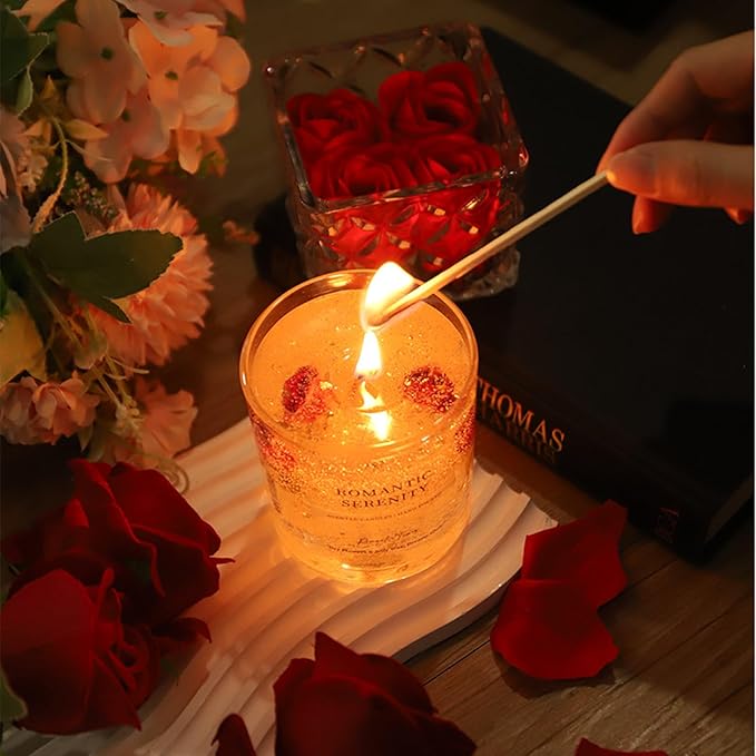 Gel Wax Candle,Sparkling Real Rose & Gold Flakes Candle in Glass Jar,Floral Scented,Smokeless Clean Burn,Glam Home Decor or Wedding,Bridesmaid Gift,Photo Prop,Self Love Healing (Floral)