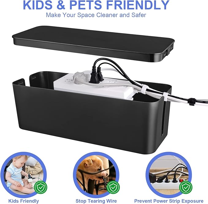 Cable Organizer Box Set of Three, Power Cover Cord Holder Surge Protector for Desk (Black)