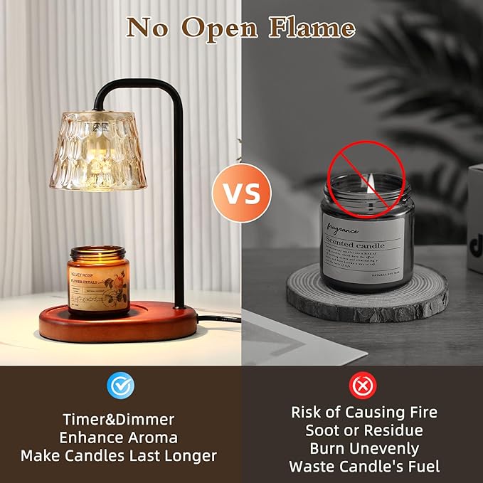 Candle Warmer Lamp Burner for Soy Jar Candles with Timer &Dimmer, Wax Candle Melts Warmer Light for Home Room Decor, Modern Candle Heater with Glass Lampshade for Scented Wax (Black)