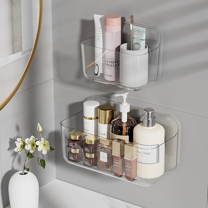ZEXALOR Wall Mounted Storage Organizer Bins Organizing Shelf Basket Clear Plastic Makeup Organizer Adhesive Hanging Bin Fridge Organizer for Bathroom,Kitchen,Cabinet,Pantry,Countertops (XL+L)