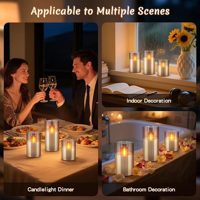 3PC Rechargeable Led Candles, Flameless Flickering with Remote & Timer, with Real Wax Candle in Glass Warm Color Light, Lasting for 200+ Hours for Festival, Party, Bedroom, Living Room Decor. Gray