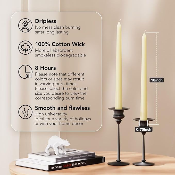10-Inch Tall Dripless Taper Candles Set of 4 - Ivory Tapered Candles, Perfect for Wedding,Dinner - Smokeless, Unscented, Long Burning - Hand Poured, Colored Tall Candlesticks - Cream